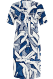 Blue Casual Print Pocket V Neck Long Plus Size Dresses