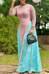 Pink Green Casual Print Contrast O Neck Long Dresses