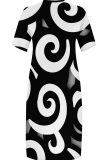 Black And White Casual Print Pocket V Neck Long Plus Size Dresses