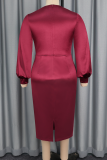 Burgundy Elegant Solid Color Flower Shape O Neck Wrapped Skirt Dresses