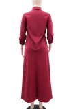 Burgundy Casual Solid Color Buckle Shirt Collar Long Sleeve Two Pieces