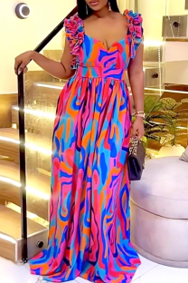 Rose Red Elegant Print Flounce Contrast V Neck Printed Dresses