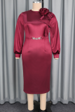 Burgundy Elegant Solid Color Flower Shape O Neck Wrapped Skirt Dresses