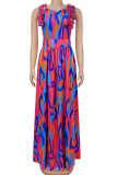 Rose Red Elegant Print Flounce Contrast V Neck Printed Dresses