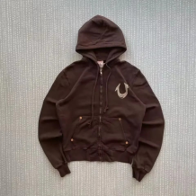 Brown Casual Print Zipper Hooded Outerwear