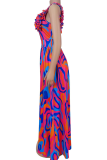 Rose Red Elegant Print Flounce Contrast V Neck Printed Dresses