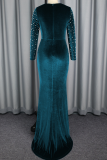 Peacock Blue Elegant Solid Color Slit Beading Square Neck Evening Dresses