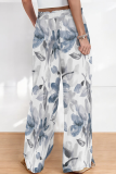 Gray Blue Casual Print Draw String Loose Mid Waist Conventional Full Print Bottoms