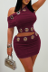 Burgundy Sexy Solid Color Hollow Out Oblique Collar Two Pieces