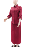 Burgundy Casual Solid Color Buckle Shirt Collar Long Sleeve Two Pieces