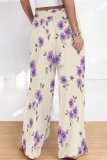 Purple Casual Print Draw String Loose Mid Waist Conventional Patchwork Bottoms