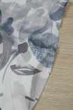 Gray Blue Casual Print Draw String Loose Mid Waist Conventional Full Print Bottoms