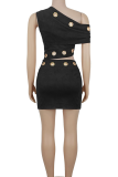 Black Sexy Solid Color Hollow Out Oblique Collar Two Pieces