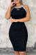Black Sexy Letters Embroidery O Neck Wrapped Skirt Dresses