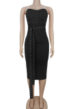 Burgundy Sexy Solid Color Strap Design Strapless Wrapped Skirt Dresses