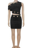 Black Sexy Solid Color Hollow Out Oblique Collar Two Pieces