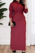 Burgundy Casual Solid Color Buckle Shirt Collar Long Sleeve Two Pieces