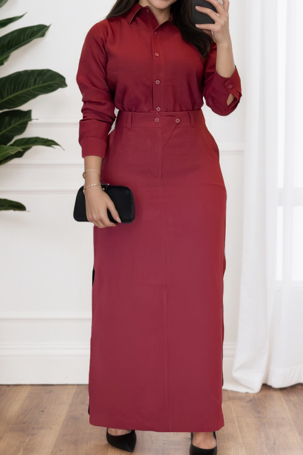 Burgundy Casual Solid Color Buckle Shirt Collar Long Sleeve Two Pieces