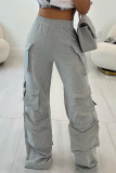 Grey Casual Solid Color Pocket Loose Conventional Patchwork Bottoms