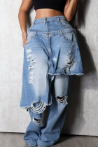 Blue Casual Solid Color Ripped Loose Denim Jeans