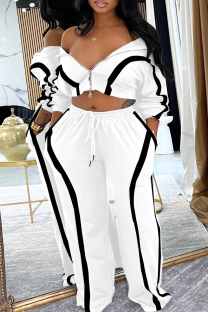White Casual Stripe Contrast Turndown Collar Long Sleeve Two Pieces