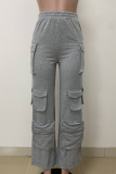 Grey Casual Solid Color Pocket Loose Conventional Patchwork Bottoms