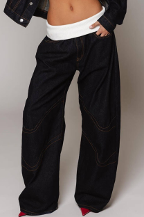 Black Casual Solid Color Patchwork Low Waist Loose Denim Jeans