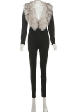 Black Casual Solid Color Fluffy V Neck Skinny Jumpsuits