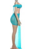 Blue Sexy Solid Color Hollow Out Asymmetrical Collar Wrapped Skirt Dresses