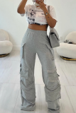 Grey Casual Solid Color Pocket Loose Conventional Patchwork Bottoms