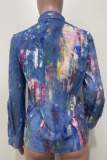Blue Casual Print Buckle Shirt Collar Tops