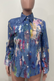 Blue Casual Print Buckle Shirt Collar Tops