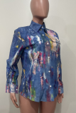 Blue Casual Print Buckle Shirt Collar Tops