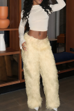 Apricot Casual Solid Color Fluffy Straight Mid Waist Conventional Patchwork Bottoms