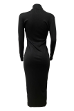 Black Casual Solid Color Zipper Mandarin Collar Wrapped Skirt Dresses
