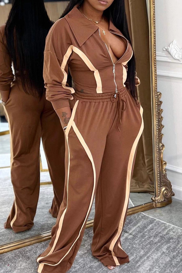 Dark Brown Casual Stripe Contrast Turndown Collar Long Sleeve Two Pieces