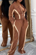Dark Brown Casual Stripe Contrast Turndown Collar Long Sleeve Two Pieces