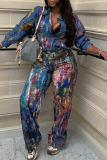 Blue Casual Print Buckle Shirt Collar Tops
