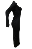 Black Casual Solid Color Zipper Mandarin Collar Wrapped Skirt Dresses