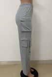 Grey Casual Solid Color Pocket Loose Conventional Patchwork Bottoms