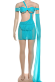 Blue Sexy Solid Color Hollow Out Asymmetrical Collar Wrapped Skirt Dresses