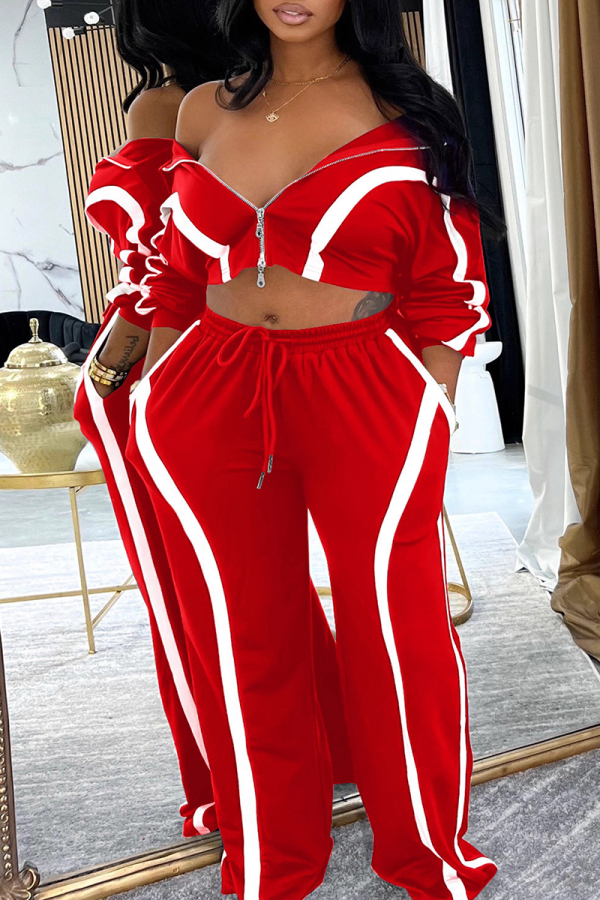 Red Casual Stripe Contrast Turndown Collar Long Sleeve Two Pieces