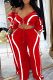 Red Casual Stripe Contrast Turndown Collar Long Sleeve Two Pieces