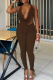 Brown Sexy Solid Color Backless Halter Sleeveless Two Pieces