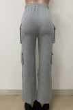 Grey Casual Solid Color Pocket Loose Conventional Patchwork Bottoms