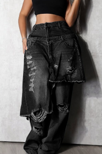Black Casual Solid Color Ripped Loose Denim Jeans