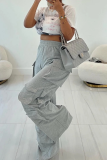 Grey Casual Solid Color Pocket Loose Conventional Patchwork Bottoms