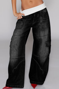 Black Casual Solid Color Distressed Loose Denim Jeans