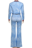 Blue Casual Digital Zipper O Neck Long Sleeve Two Pieces