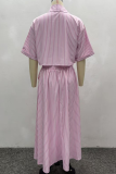 Pink Casual Stripe Buckle Shirt Collar Short Sleeve Two Pieces